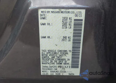 2015 Nissan Altima 2.5 Sv z USA, uszkodzony, nr VIN 1N4AL3AP2FC491323